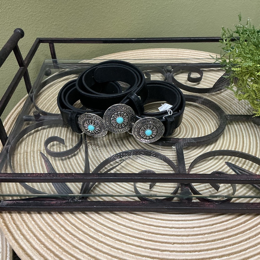 Black and Silver Decorative Belt with Turquoise Accents